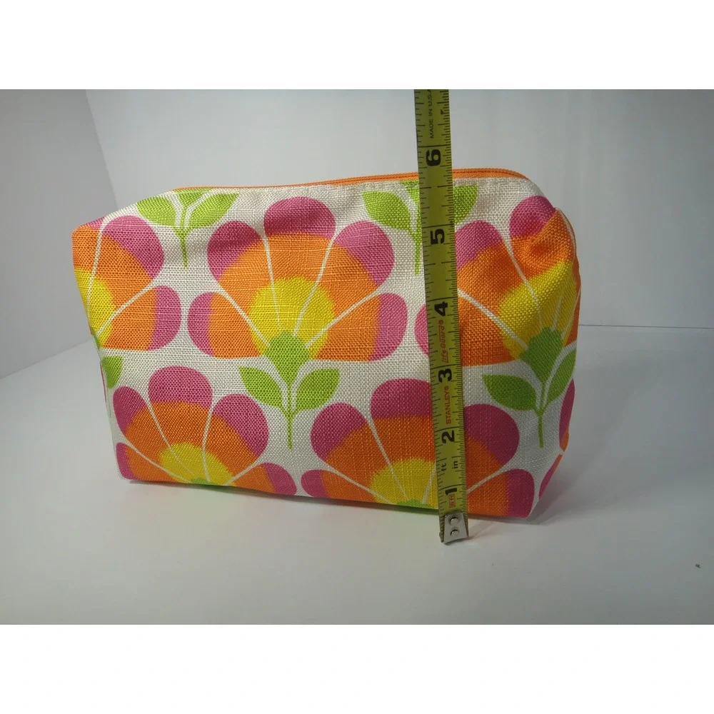 Clinique Makeup Bag Floral Print Canvas Cosmetic Pouch Orange Pink Retro Flower